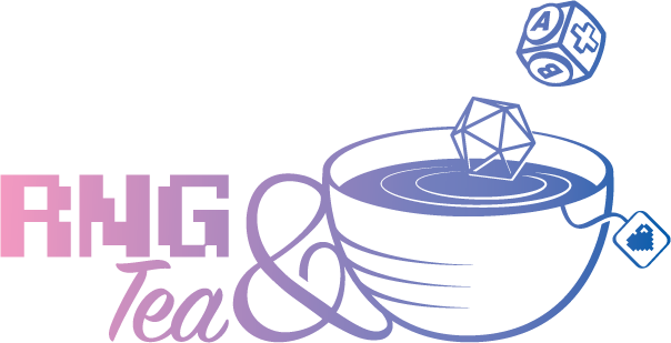 Pink and blue illustration of a teacup with dice in it.